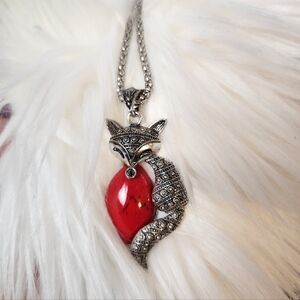 Fox Pendant Necklace Red Stone Silver Tone Vintage Y2K Animal Costume Jewelry